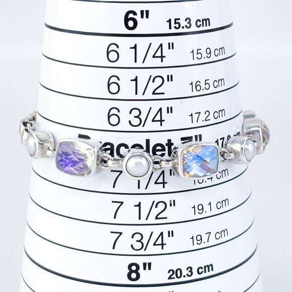 Vintage Sterling Silver 925 Mystic Topaz and Pearl Toggle Bracelet 7"-8" - Picture 4 of 5